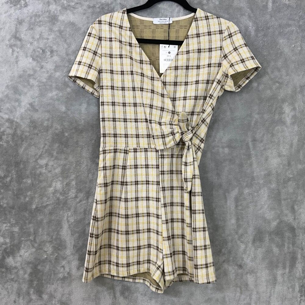 NWT Bershka 1 pc Romper women’s size M Brown/yellow faux wrap short sleeve